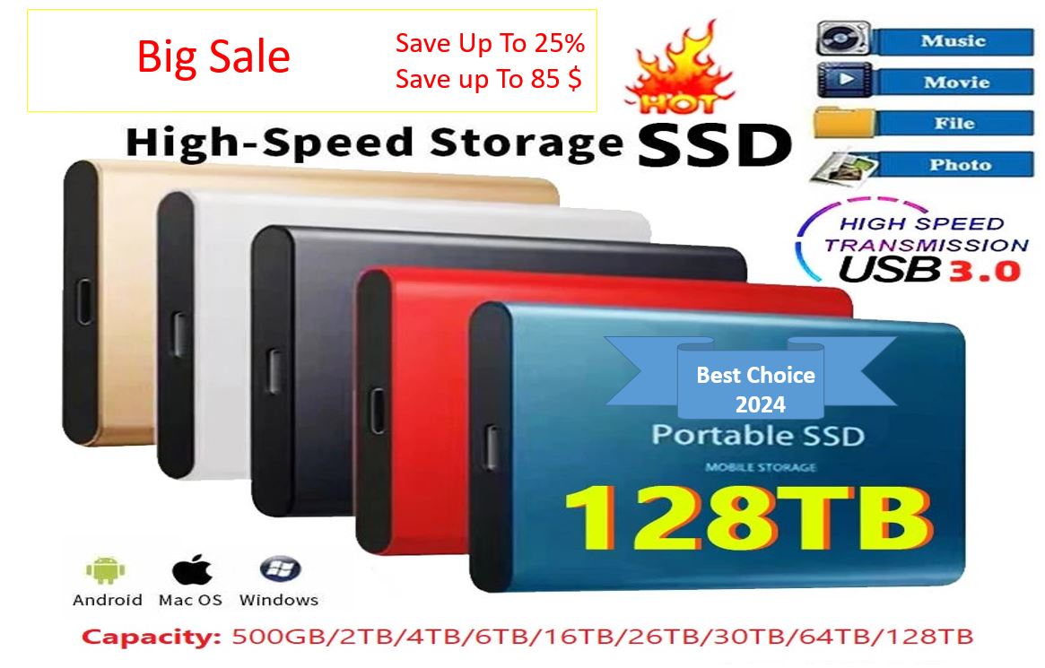 2024 New High-speed External Hard Drive SSD 2.5 Inch Portable 500GB/2TB/4TB/6TB/16TB/26TB/30TB/64TB/128TB