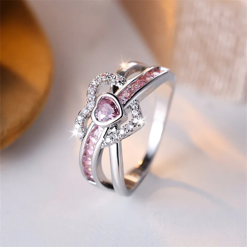 Silver Color Pink White Zircon Rings For Women Luxury Jewelry