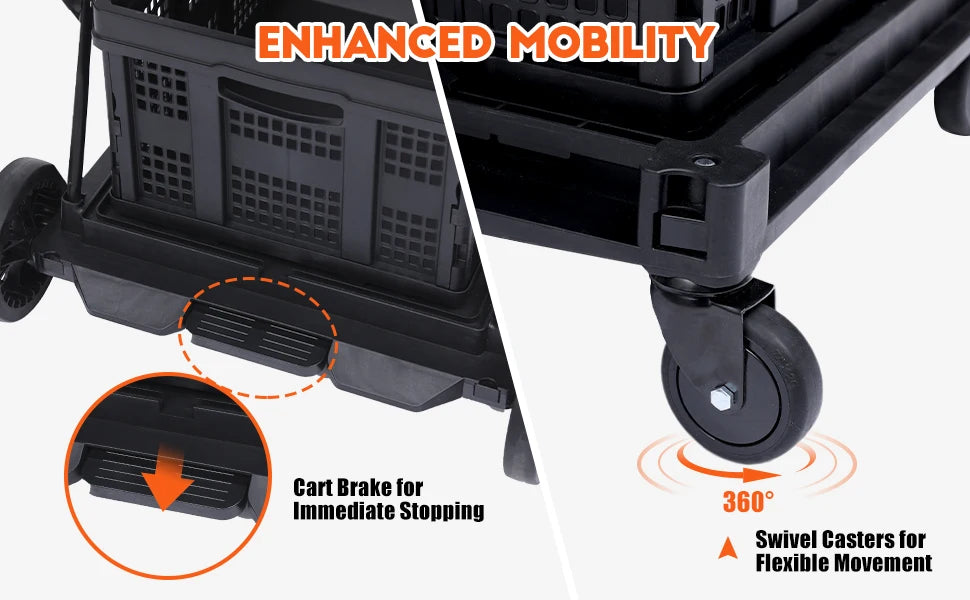 Folding Grocery Cart on Wheels - Portable Shopping Cart with Wheels Foladble 2 Tier Rolling Cart, Multi Use Functional