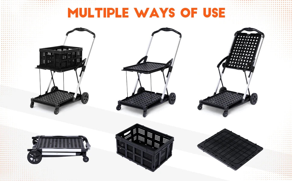 Folding Grocery Cart on Wheels - Portable Shopping Cart with Wheels Foladble 2 Tier Rolling Cart, Multi Use Functional