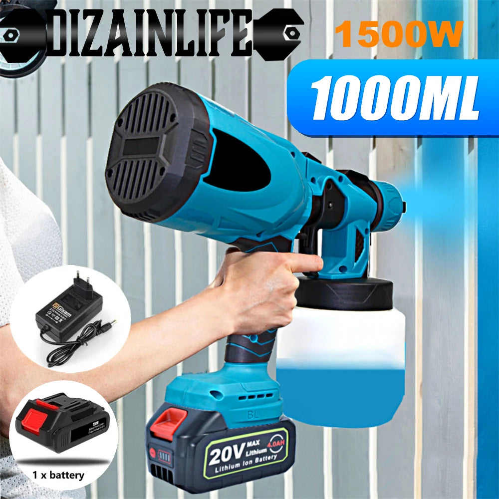 1000ML Electric Spray Gun High Power Cordless Paint Sprayer HVLP Auto Furniture Steel Coating Airbrush For Makita 18V Battery