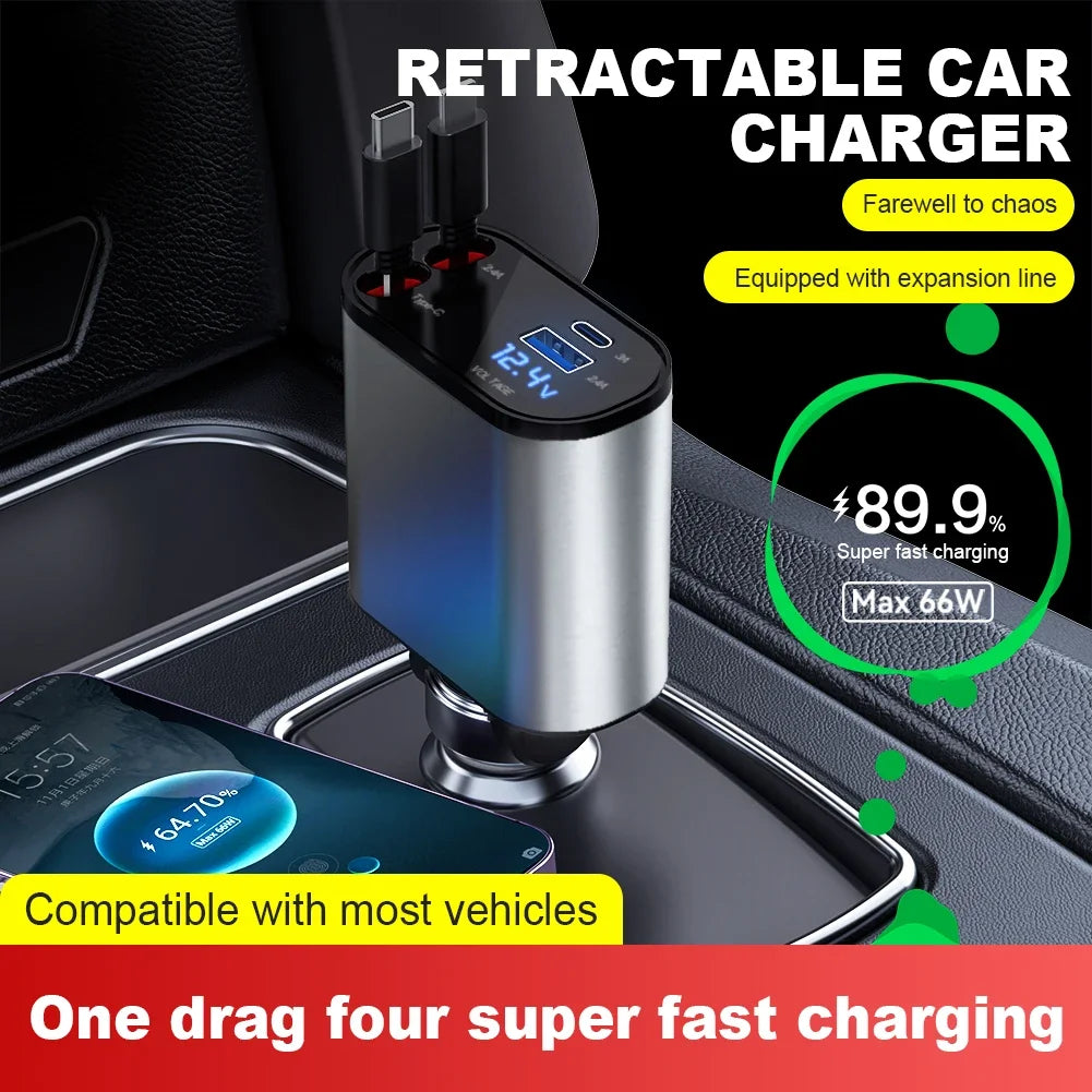 120W 4 IN 1 Retractable Car Charger USB C Cable For IPhone Huawei Samsung Fast Charge Cord Cigarette Lighter Adapter PD QC3.0