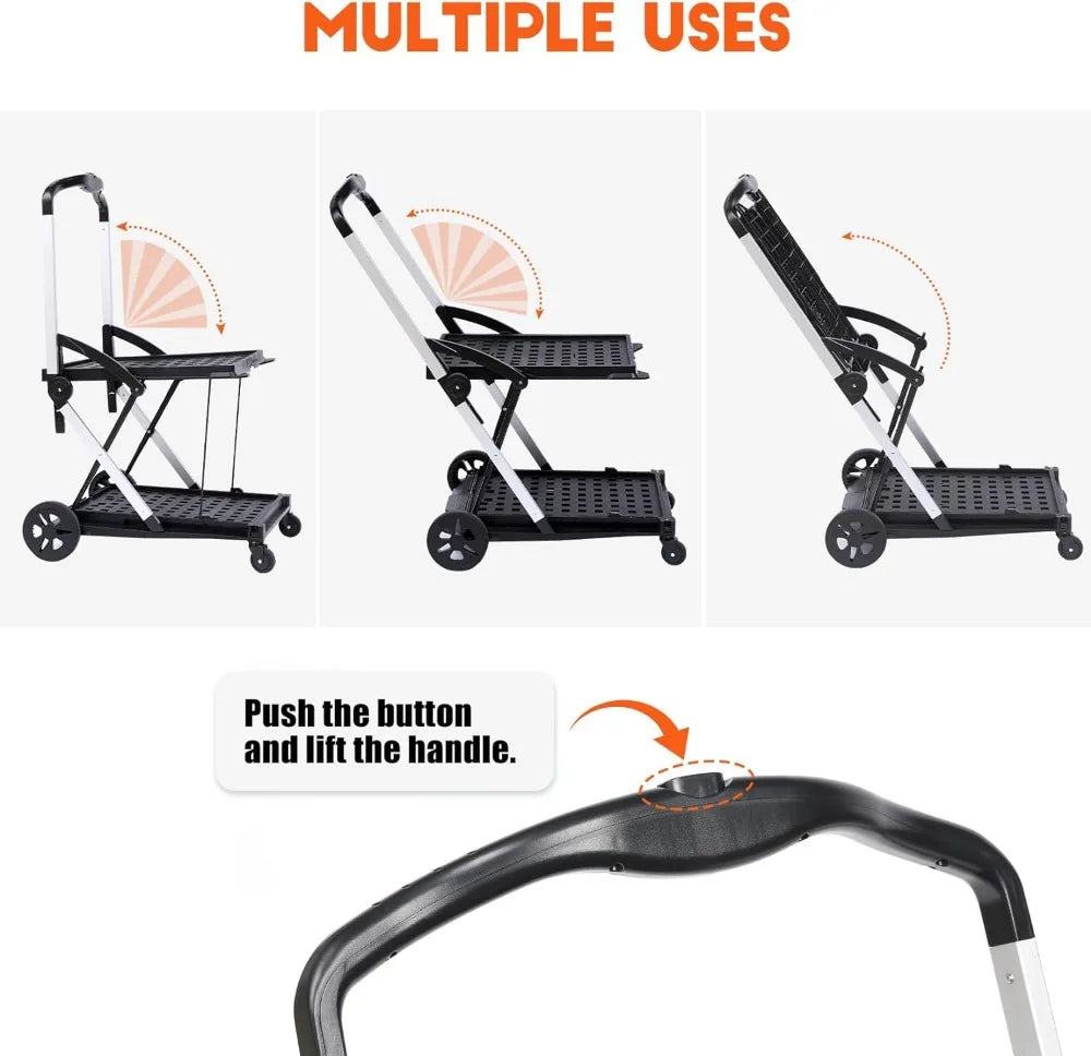 Folding Grocery Cart on Wheels - Portable Shopping Cart with Wheels Foladble 2 Tier Rolling Cart, Multi Use Functional