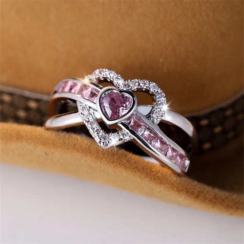 Silver Color Pink White Zircon Rings For Women Luxury Jewelry