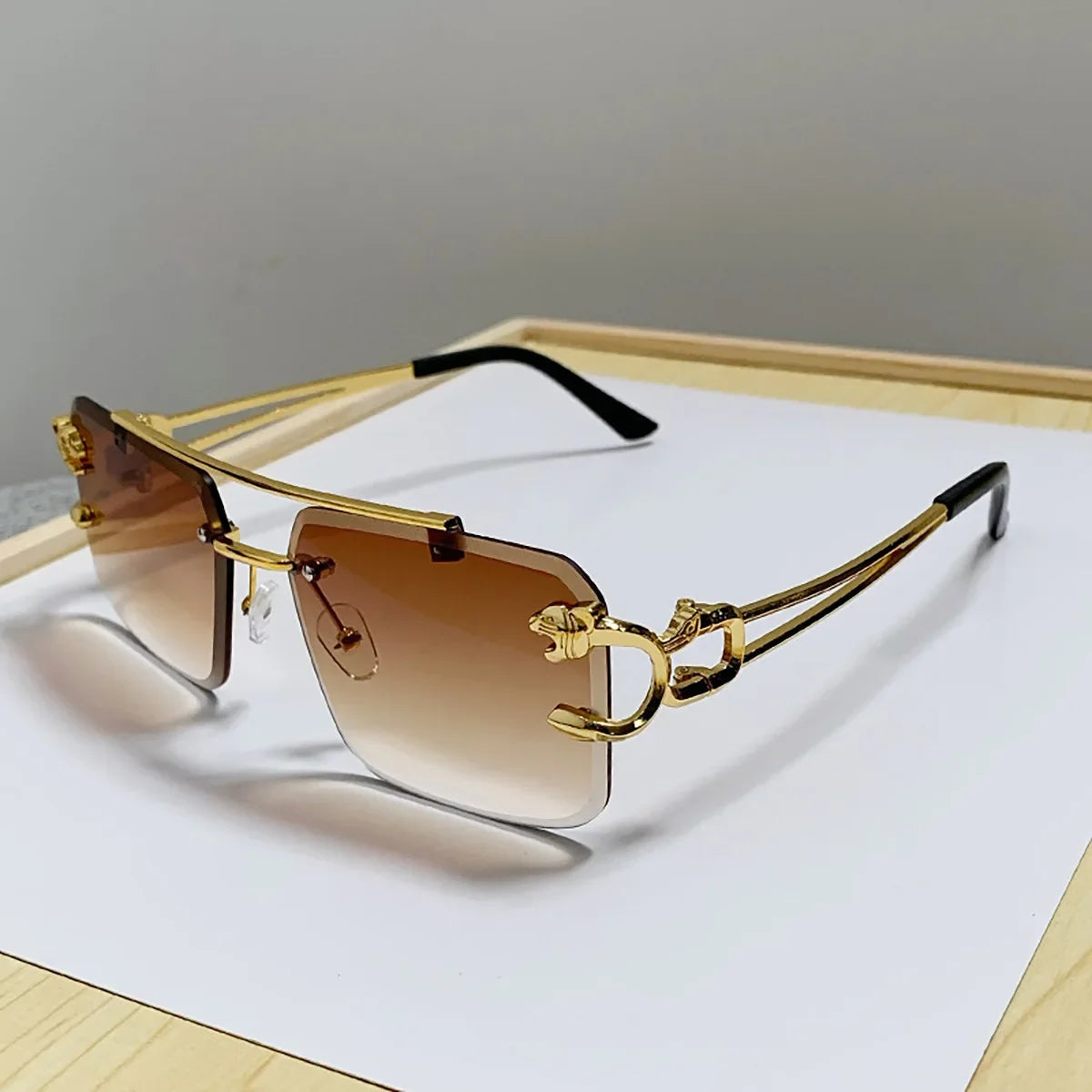 Sun Glasses Metal Leopard Rimless Sunglasses Double Bridges Gradient Ocean Film Shades UV400