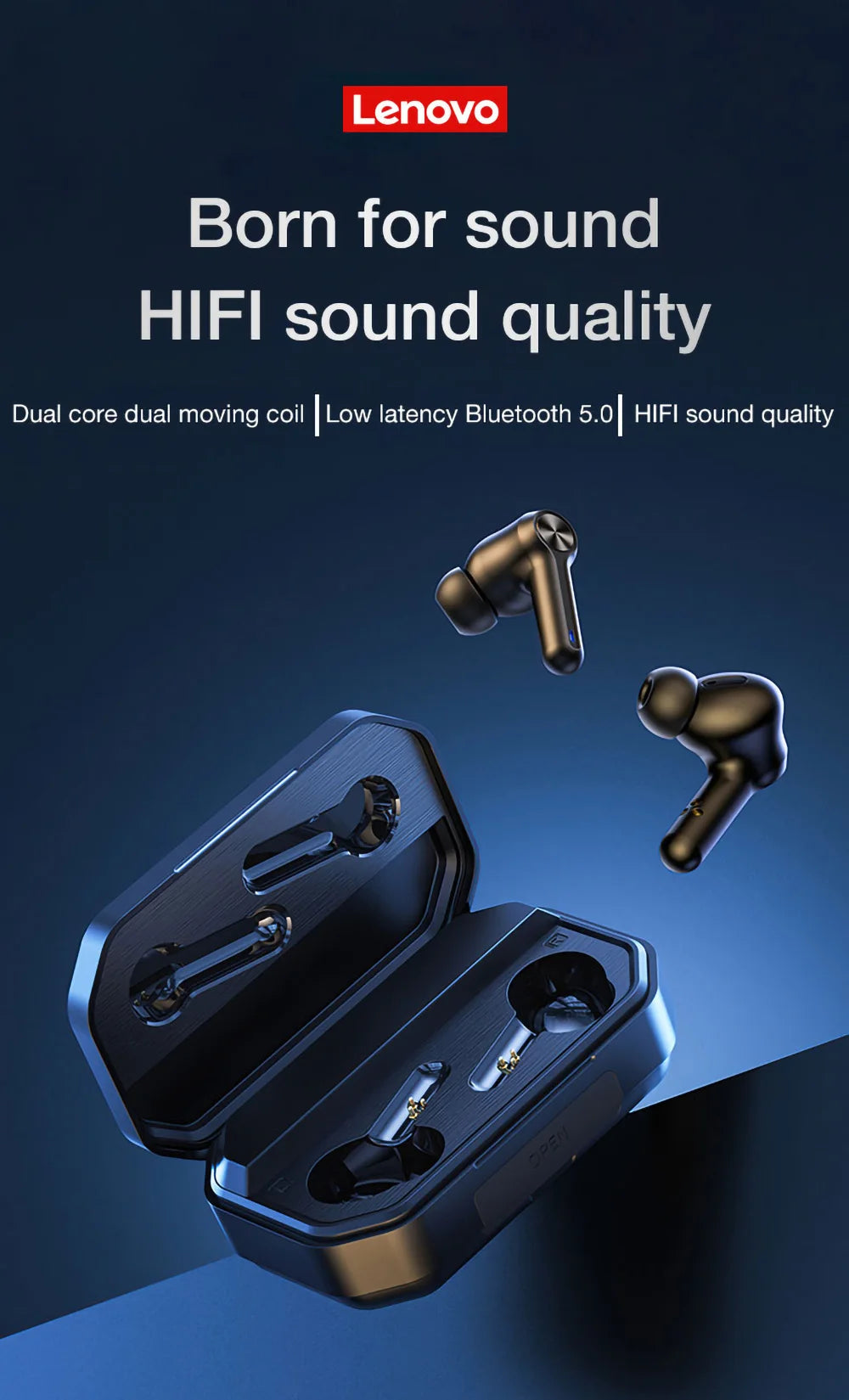 Lenovo LP3 Pro Earphones TWS Bluetooth 5.0 Wireless HIFI Music Headset Gaming Earbuds Display 1200mAh Battery Headphones